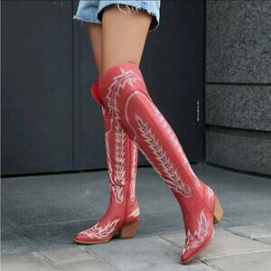 Western Cowboy Pointed Toe Block Heel Embroidery Over Knee Boots Womens Size 7.5